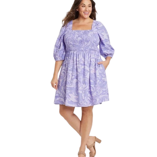 Purple Marble Puff Sleeve Dress with Pockets NWT