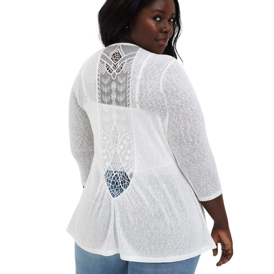 Torrid White Open Front Cardigan with Embroidered Mesh Inlays