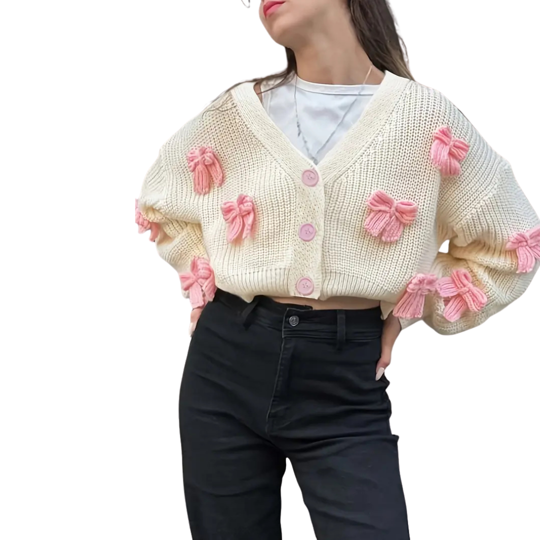 White Cropped Cardigan with Pink Bows