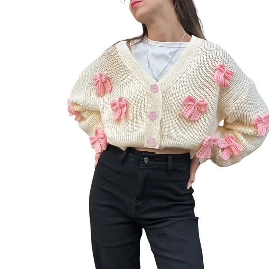 White Cropped Cardigan with Pink Bows
