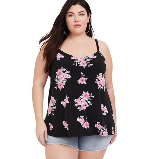Torrid Black Tank with Pink Rose Pattern