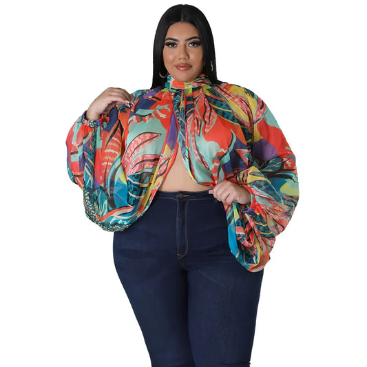 Sheer Abstract Print High Neck Open Front Top