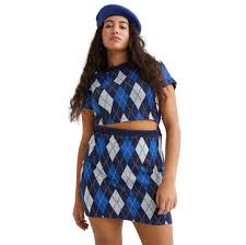 Blue Argyle Print Knit Cut-Out Dress