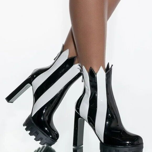 Black and White Stripe Patent Leather Boots New in Box (Size 9)