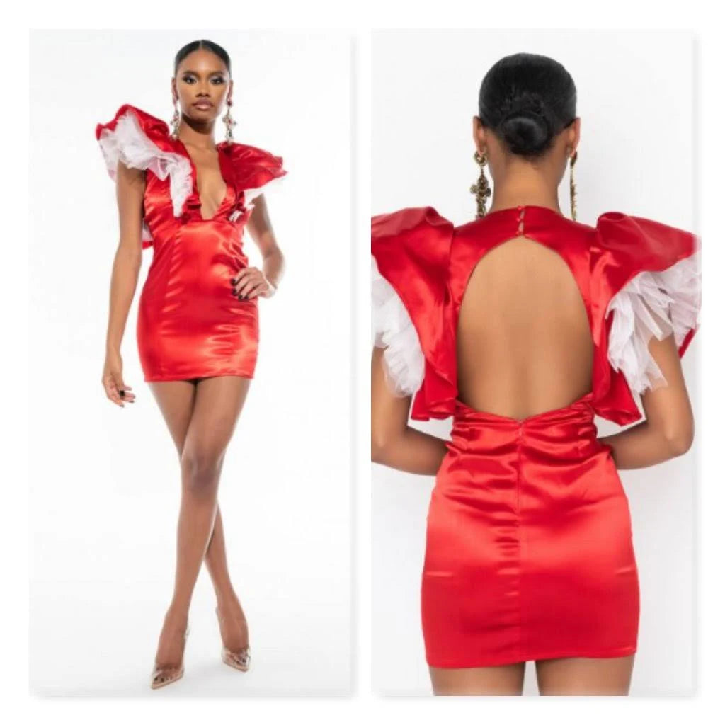 Red Satin Mini Dress with Puffy Sleeves