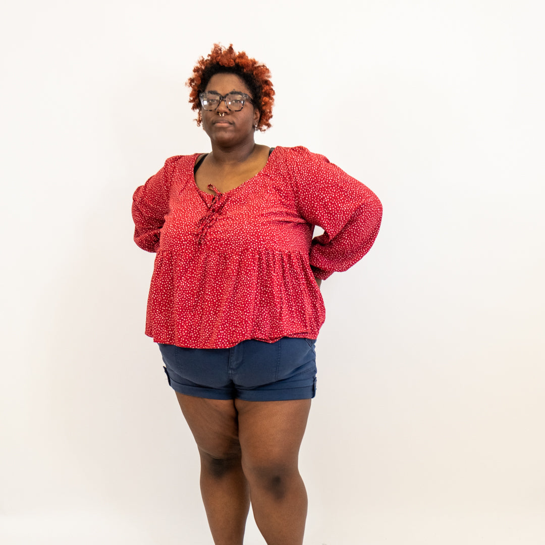 Red and White Dot Long Sleeve Peplum Top